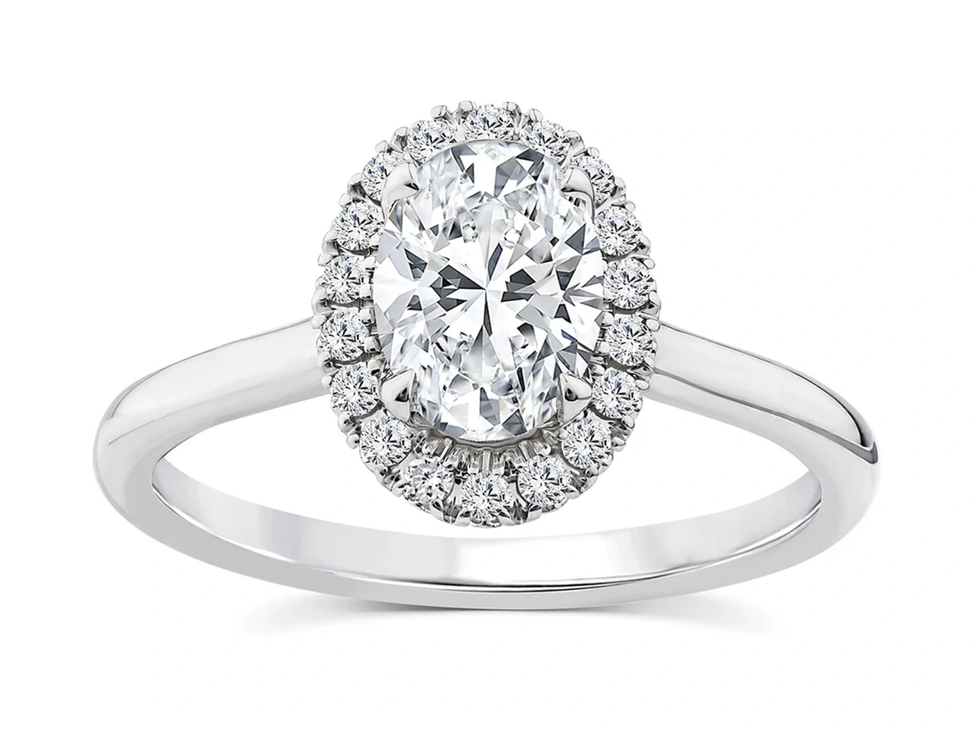 Oval halo engagement ring in white gold